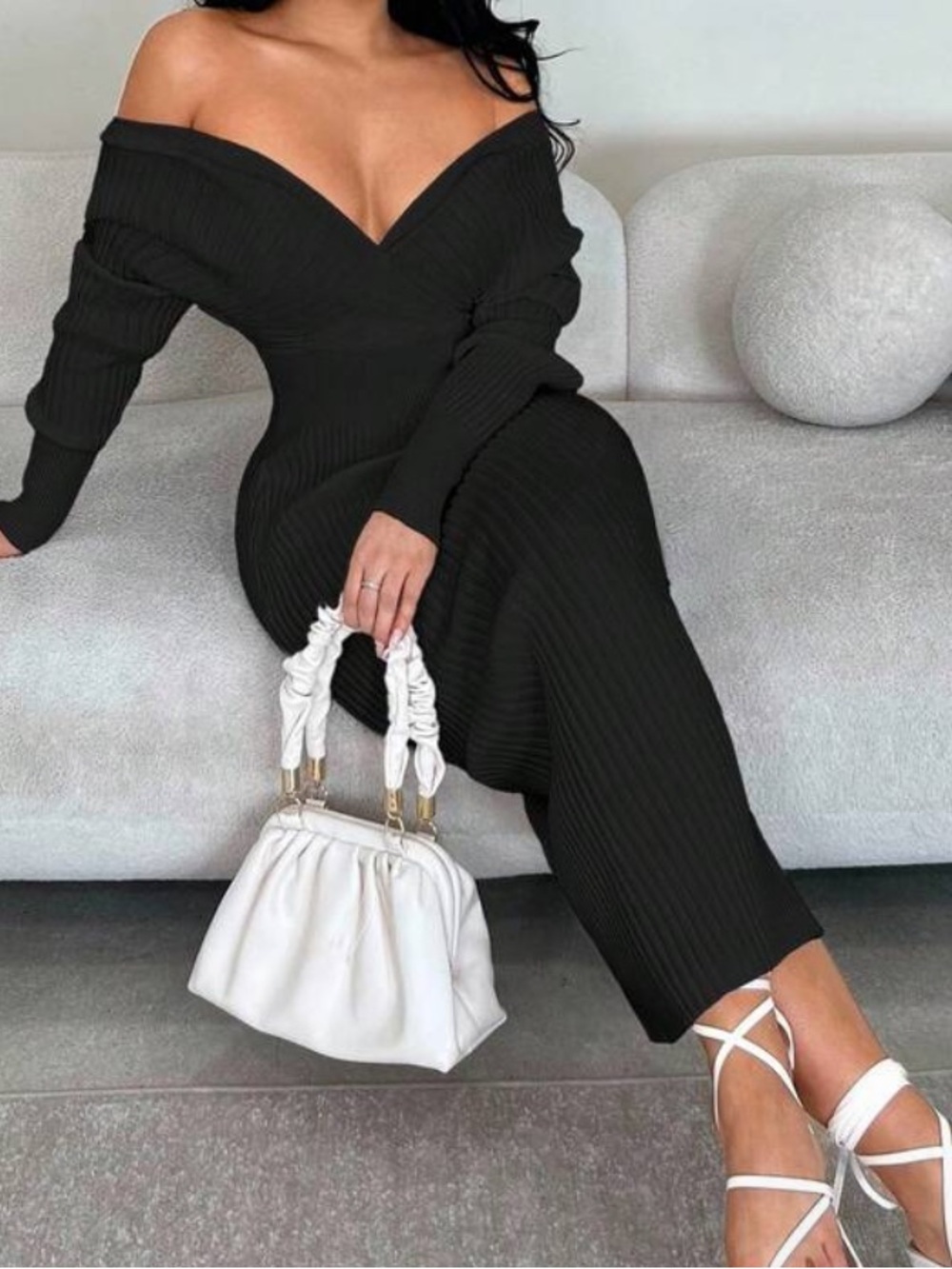 Off-Shoulder Ribbed Knit Jumpsuit in Black